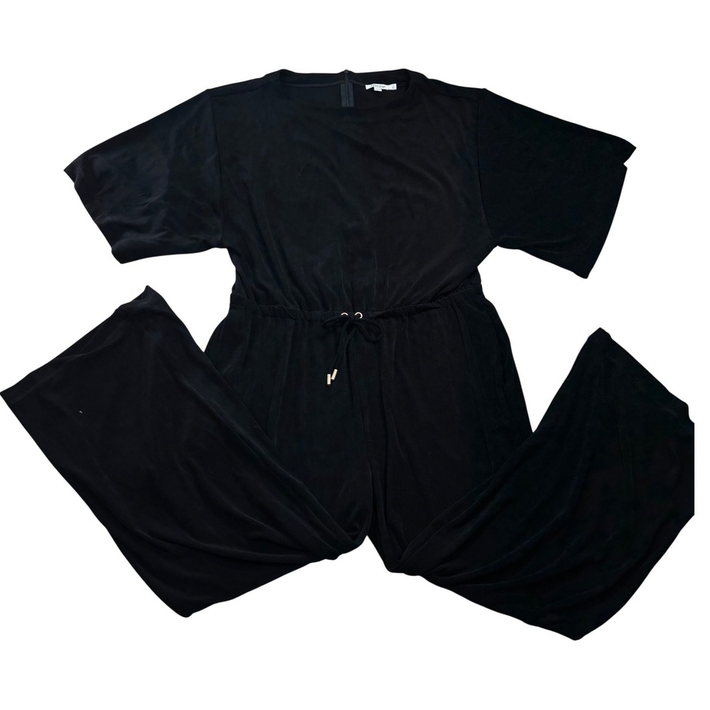 Chicos Black Wide Leg Knit Jumpsuit Drawstring Waist Short Sleeve Size 3 (XL)